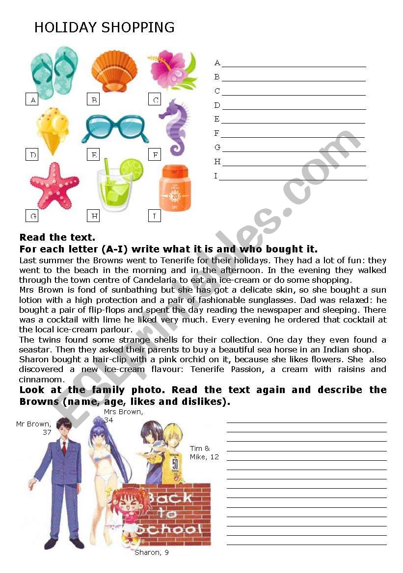 Holiday Shopping worksheet