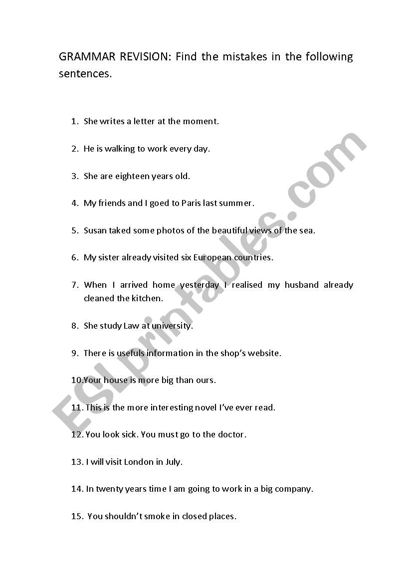 Finding mistakes in sentences worksheet