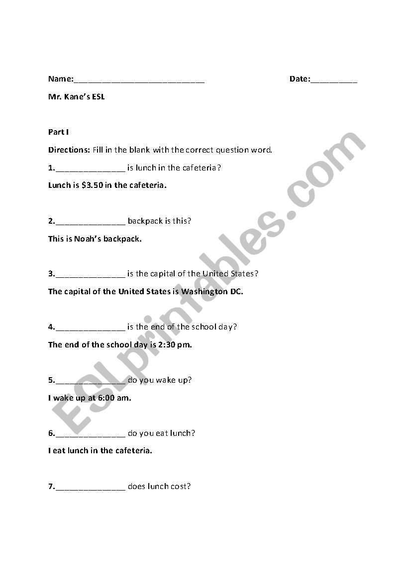 Questions Worksheet worksheet