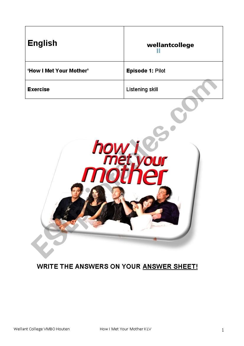 How I Met Your Mother Season 1 Episode 1 Worksheet