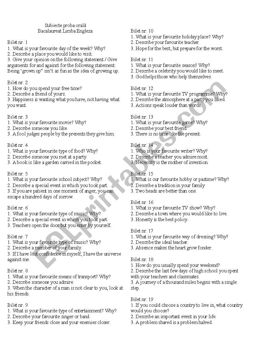 Bacalaureate oral examination tickets 2013