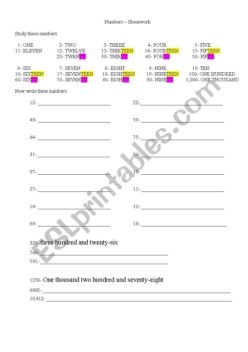 Numbers worksheet