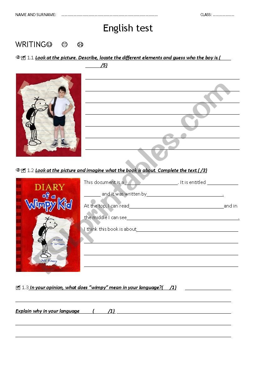 TEST The diary of a wimpy kid worksheet