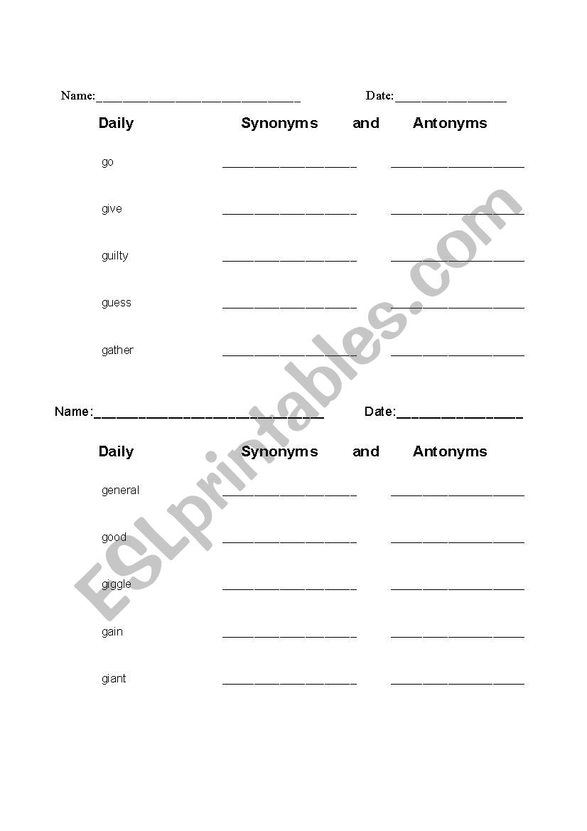 Synonyms And Antonyms 7b Esl Worksheet By Bradfords