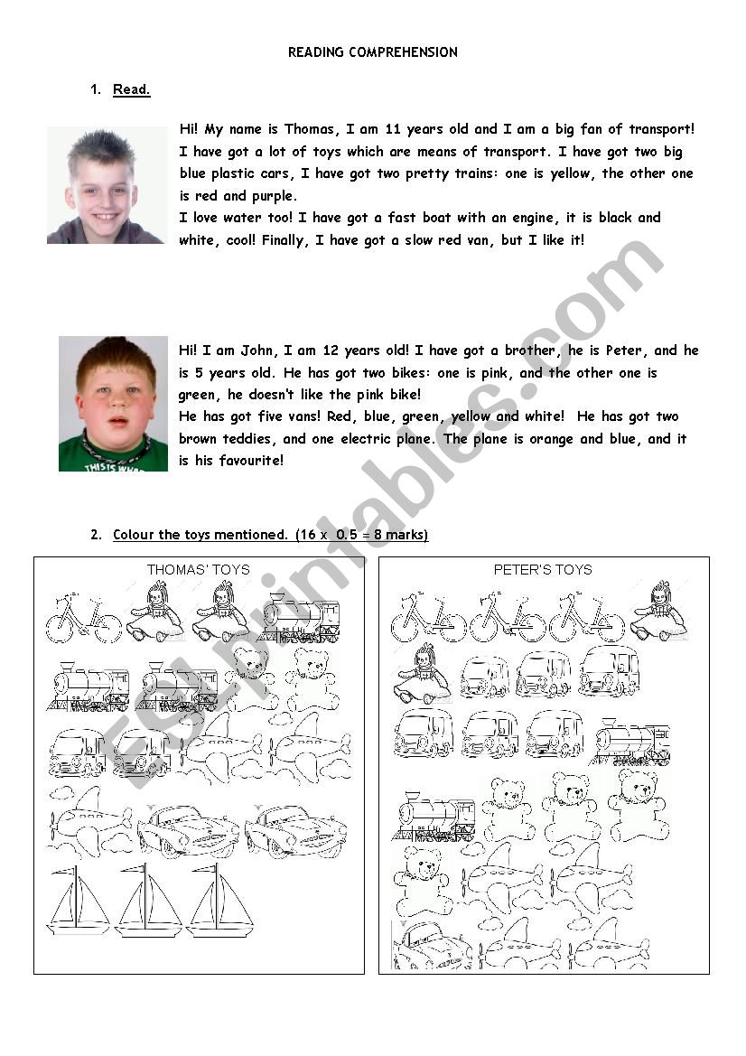 reading comprehension toys  worksheet