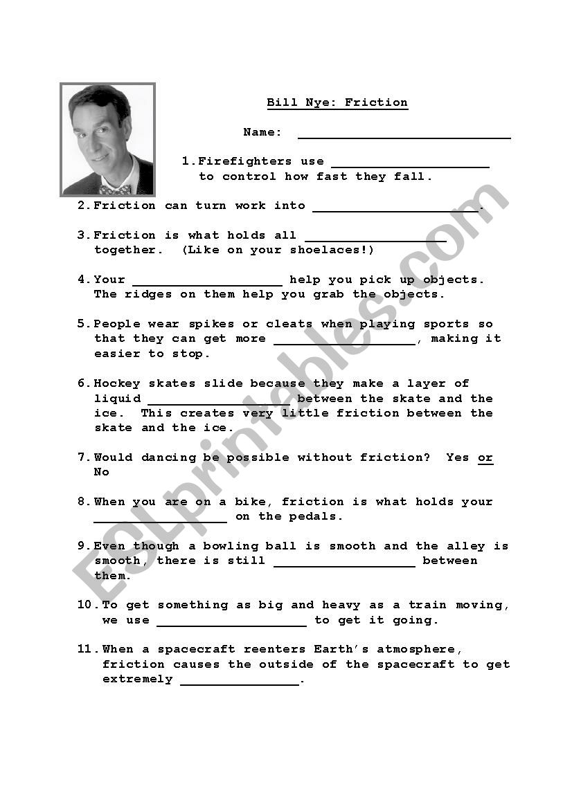 Bill Nye Friction worksheet worksheet