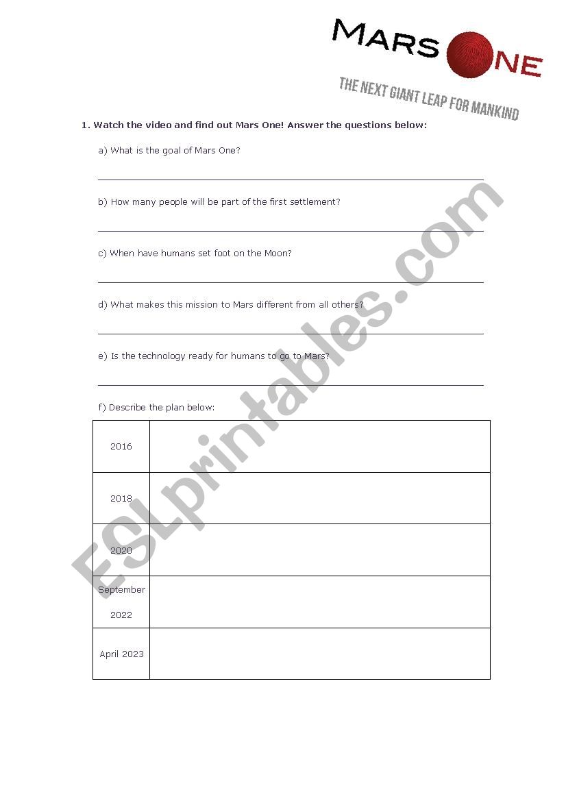 Mars One - Discussion Lesson worksheet