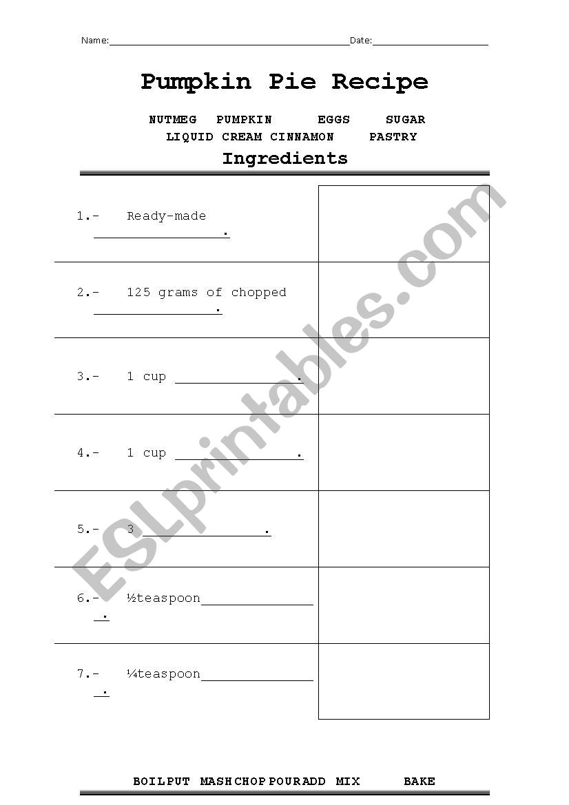 Pumpkin Pie Recipe worksheet