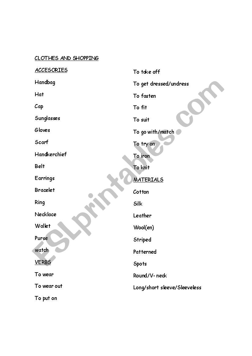 Colthes and shopping worksheet