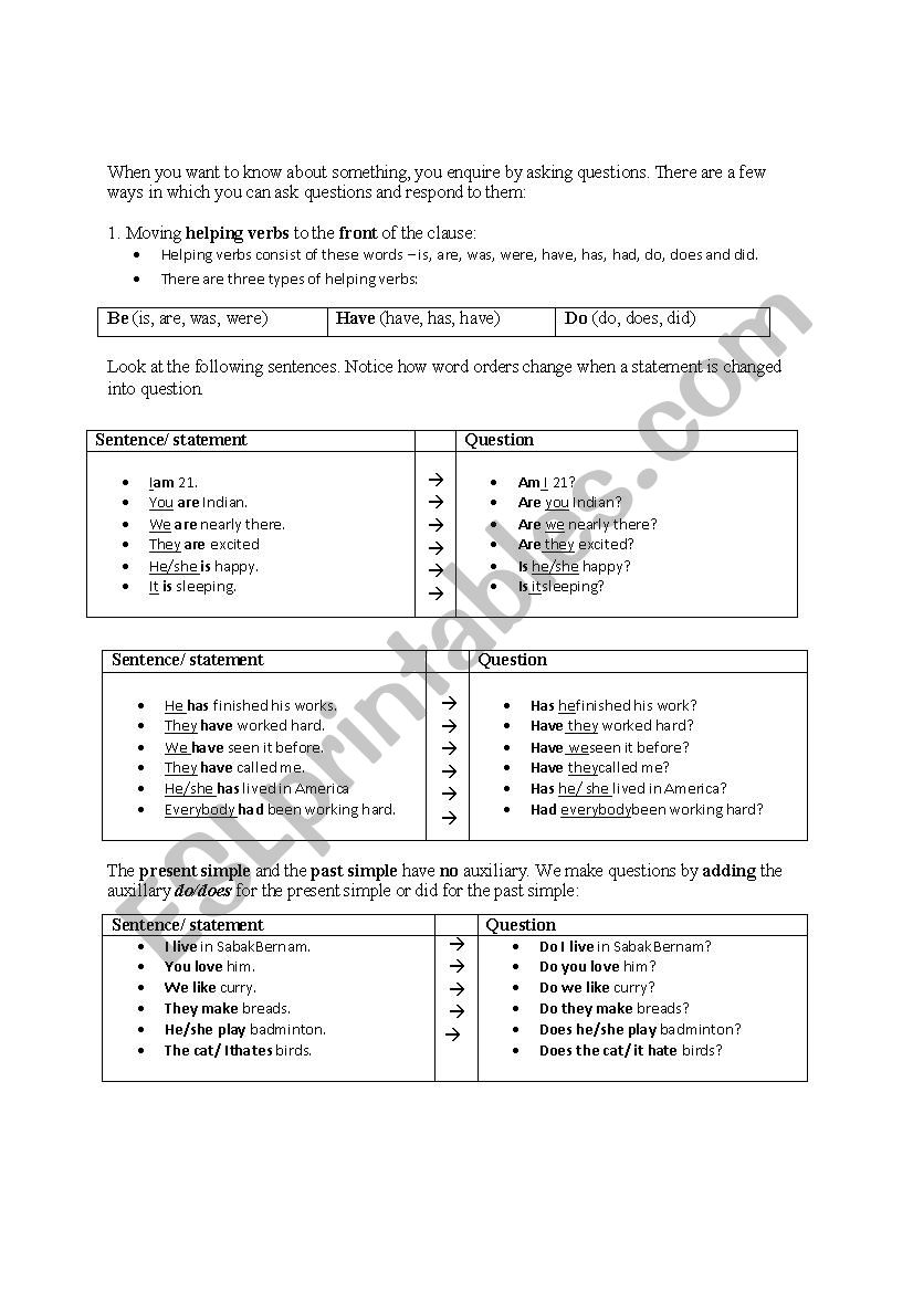 Question Forms - Changing Statements to Questions