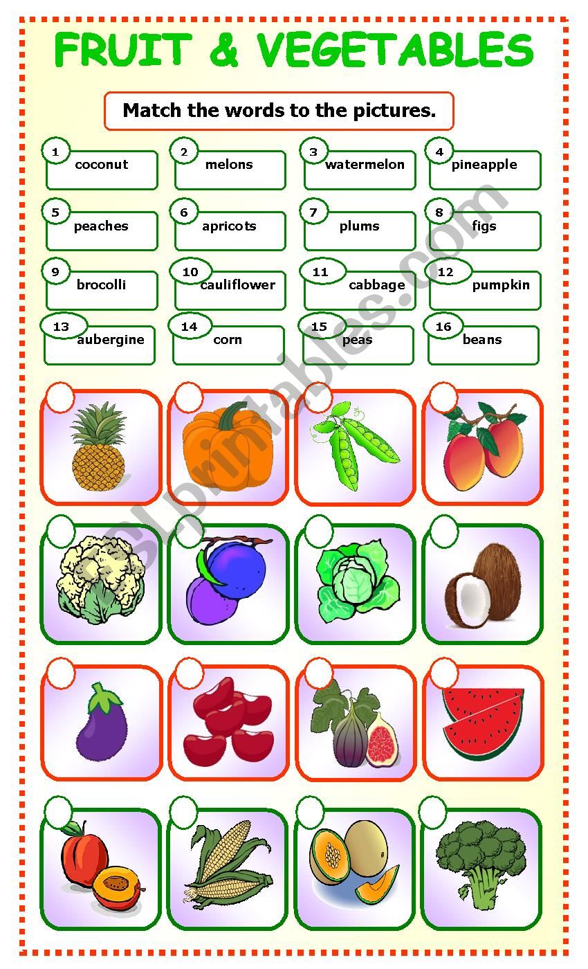 Fruit And Vegetablesmatching3 Esl Worksheet By Teacher78