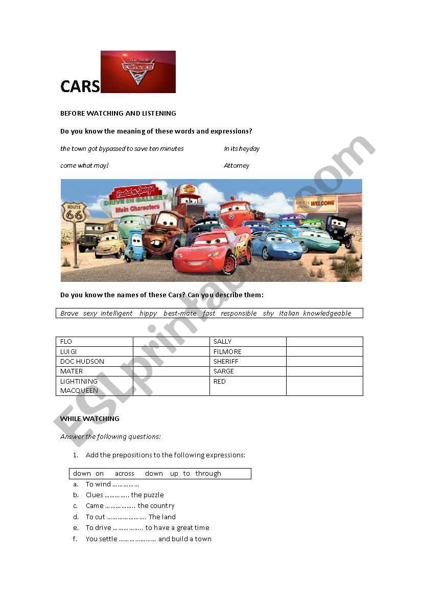 Cars and route 66 worksheet
