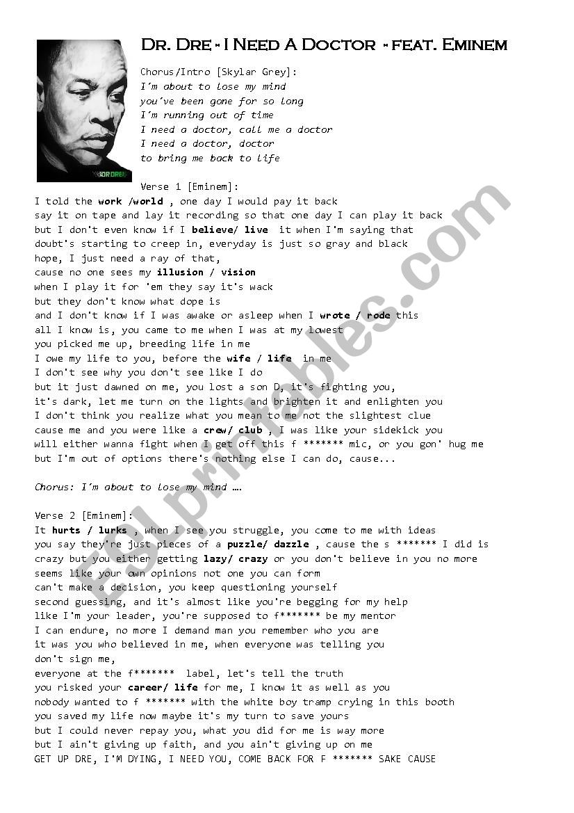 Dr Dre feat Eminem I need a doctor - song worksheet