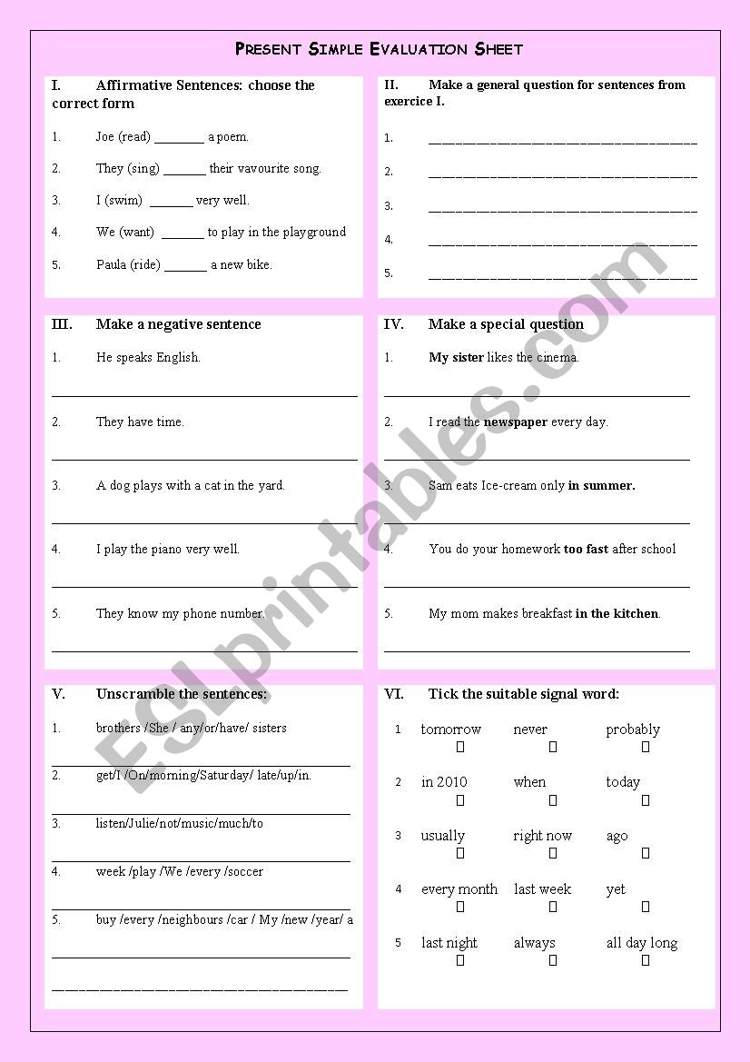 Present Simple Evaluation Sheet