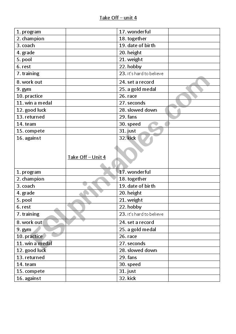 Take Off unit 4 worksheet