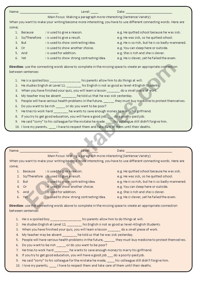 Sentence Variety ESL Worksheet By Cheancheanchean