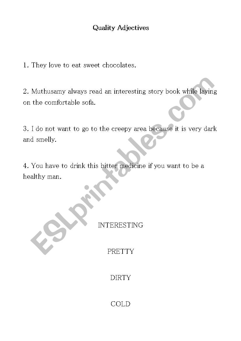 Quality Adjectives worksheet