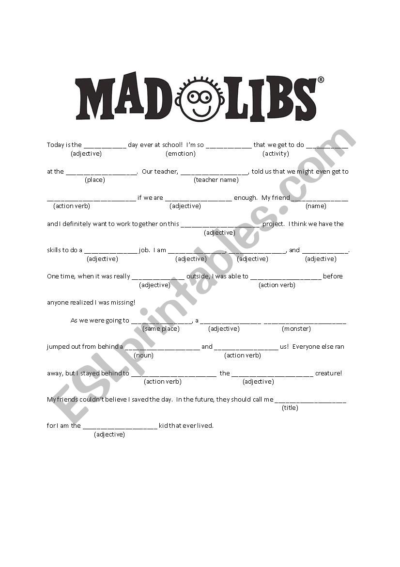 School Mad Lib worksheet