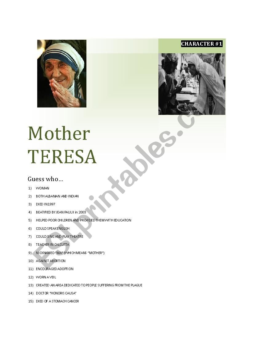 Guessing game CARD 5/5 Mother Teresa