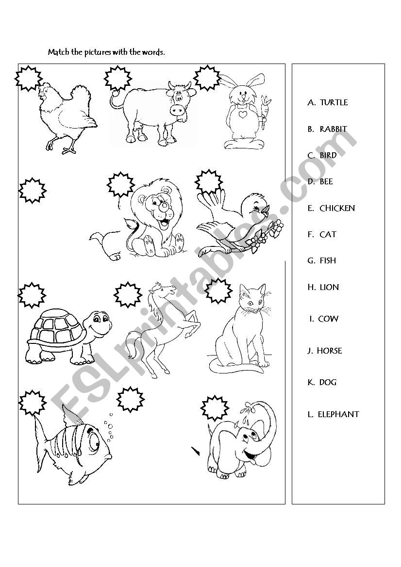 Animals matching activity worksheet