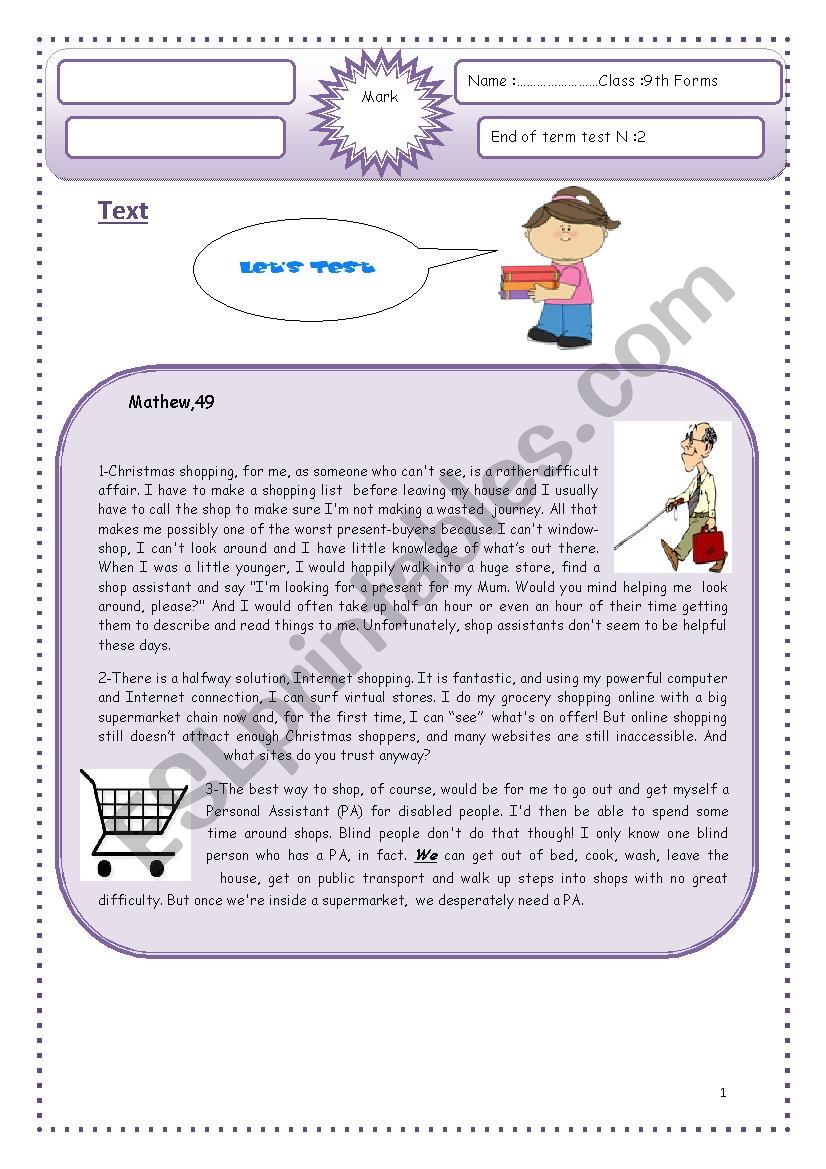 mid-term test2 9th formers worksheet