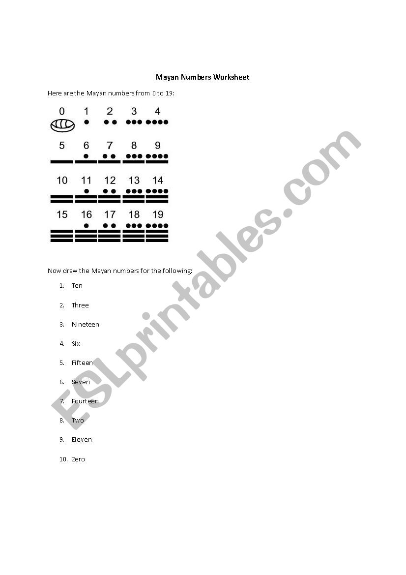 Mayan Numbers Worksheet 0-19  worksheet