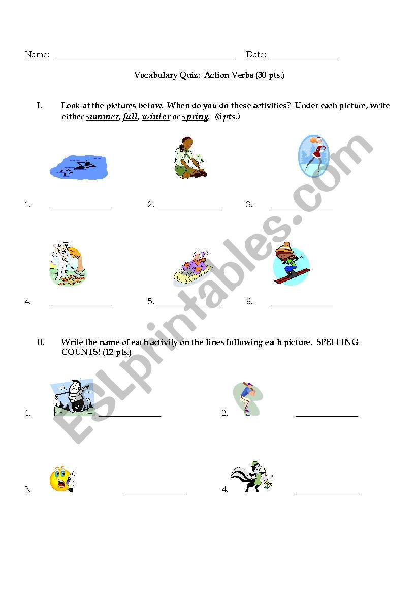 Action Verbs Quiz worksheet
