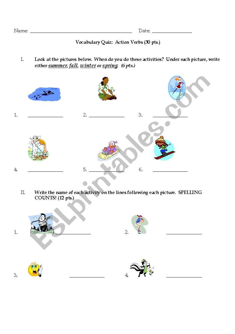 Action Verbs Quiz worksheet