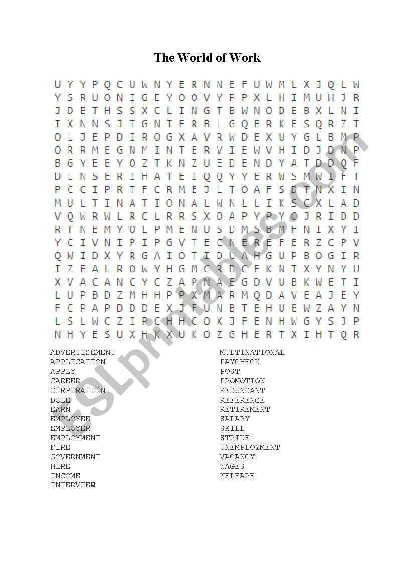 The World of Work Wordsearch worksheet