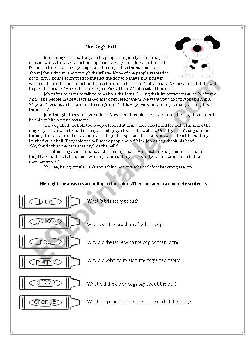 The dogs bell Reading worksheet