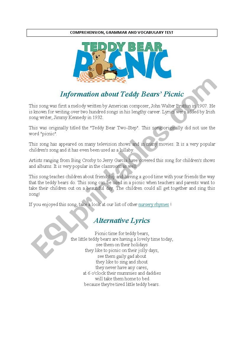 Teddy Bears Picninc song : comprehension and other exercises.