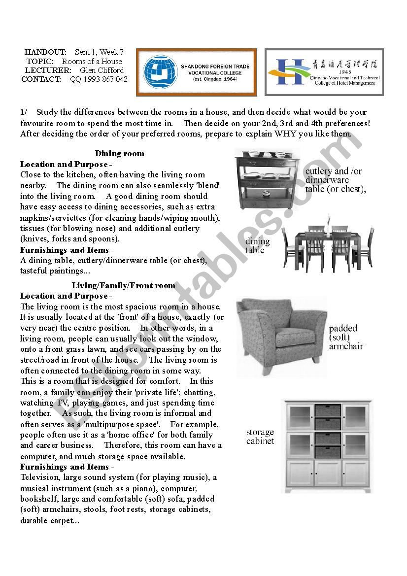 Rooms of a House worksheet