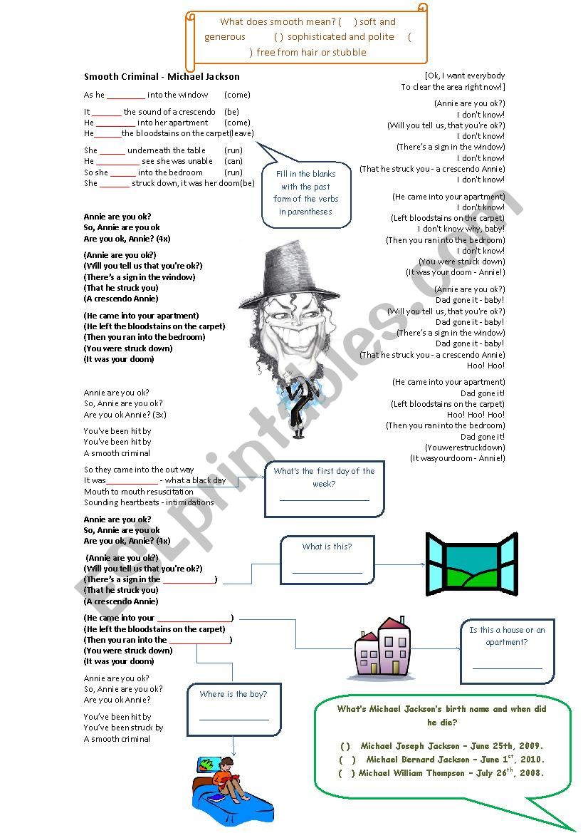 Smooth Criminal Michael Jackson Esl Worksheet By Eddie Teacher - michael jackson smooth criminal roblox id