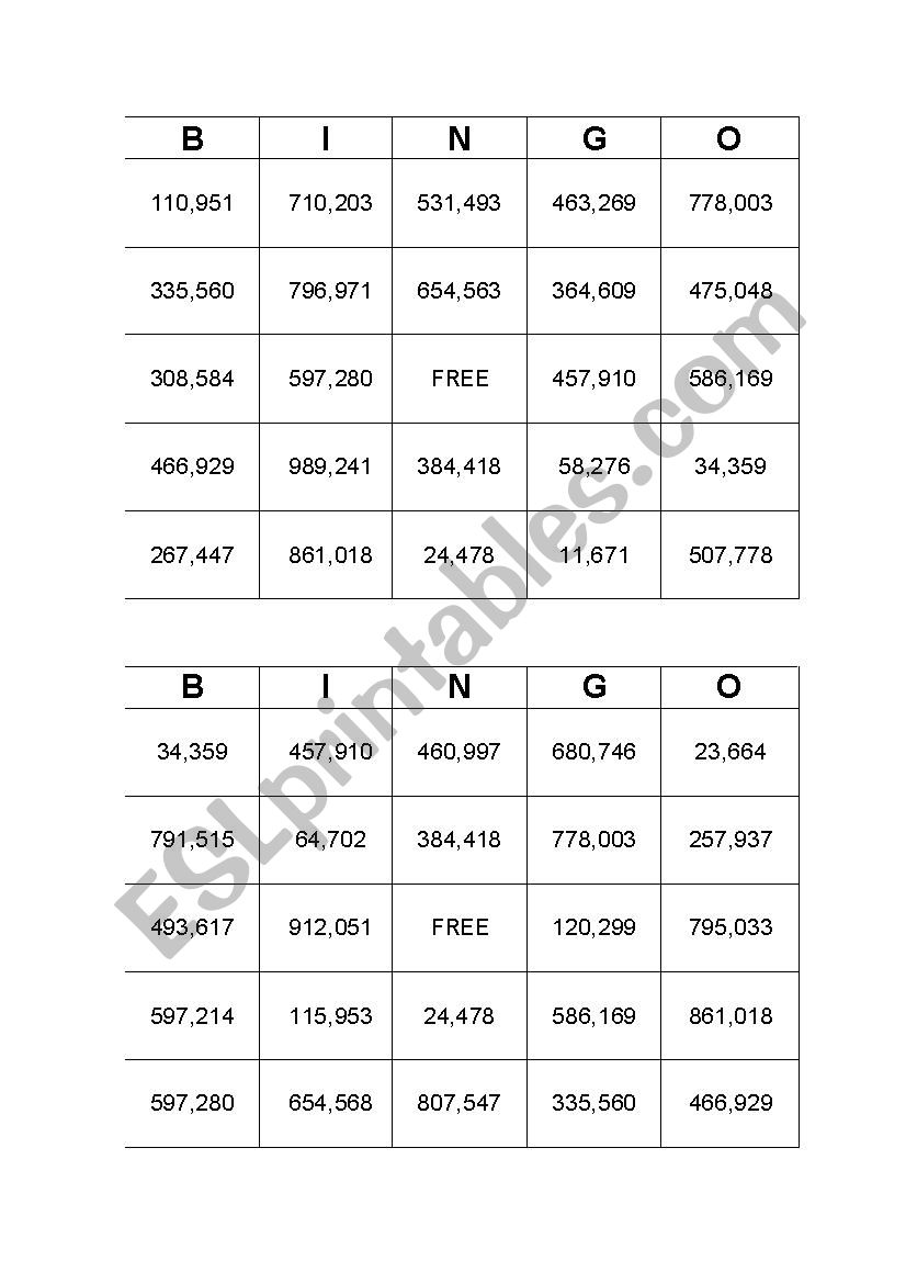 Big numbers bingo worksheet