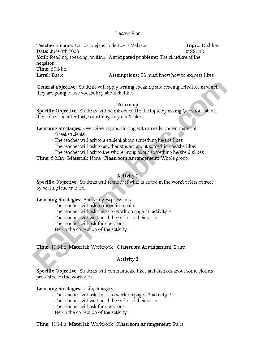 lesson plan likes worksheet