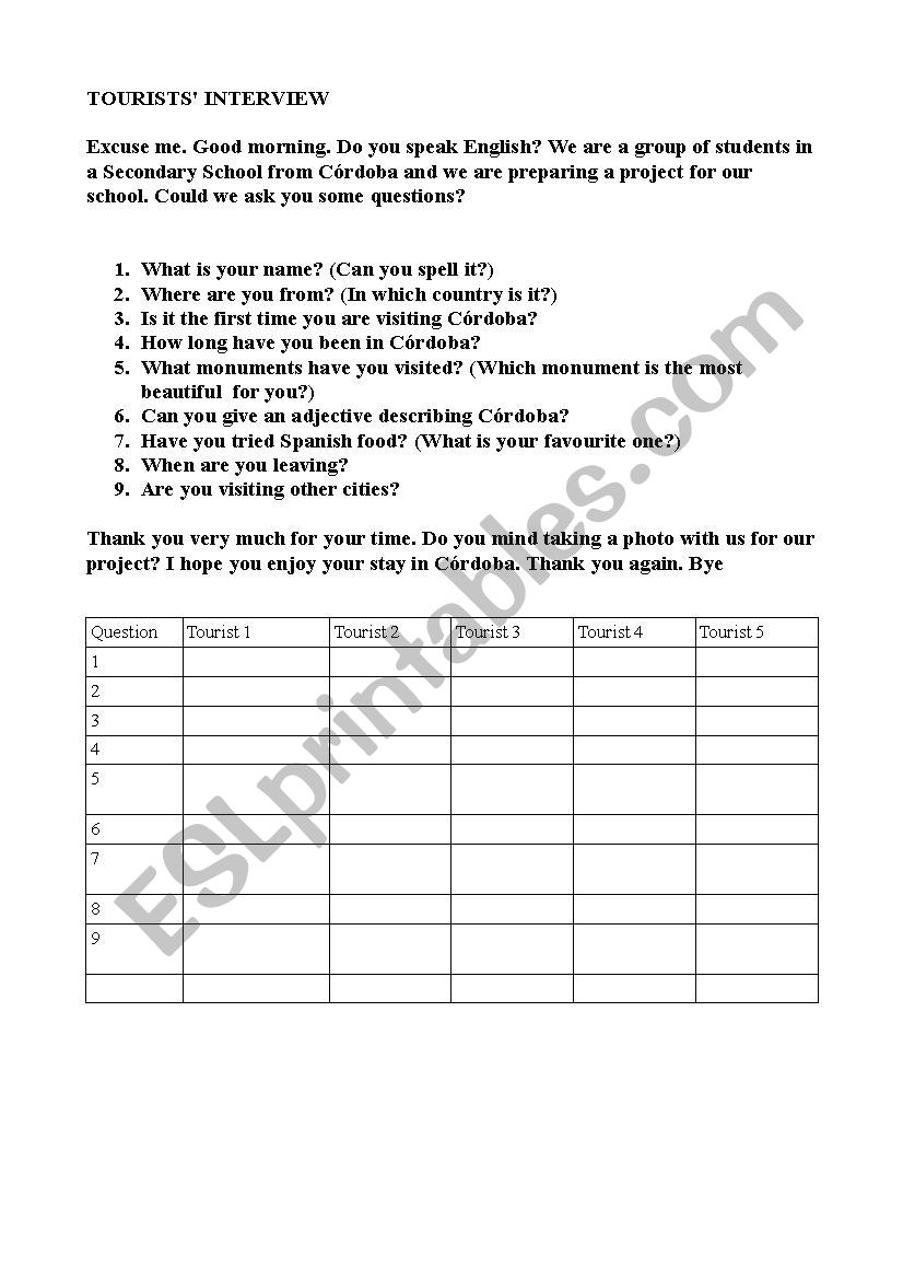 Tourist interview worksheet