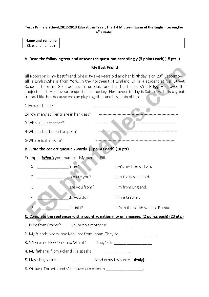 a sample exam for 5th graders worksheet