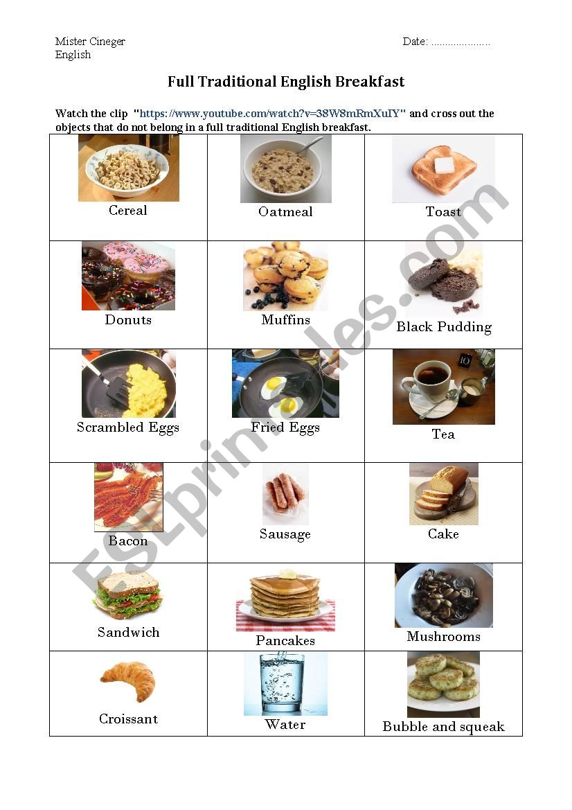 The full English breakfast worksheet