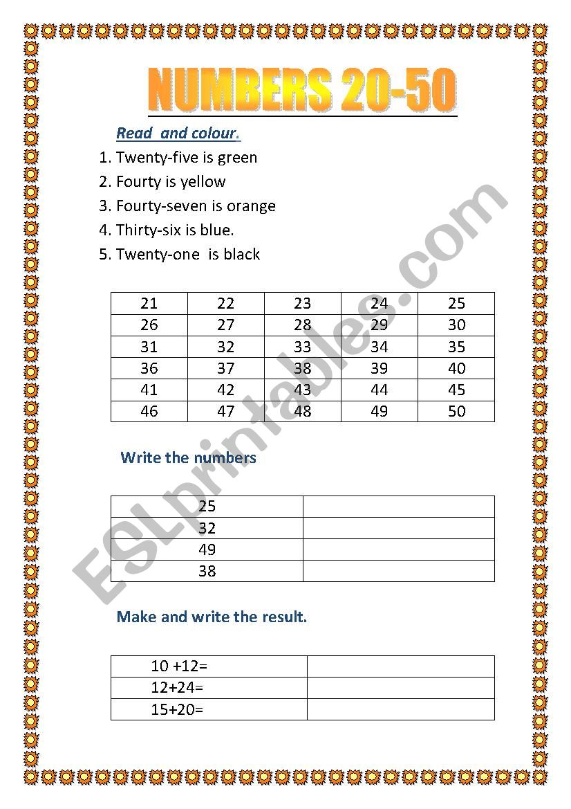 Numbers 20 To 50 Worksheet