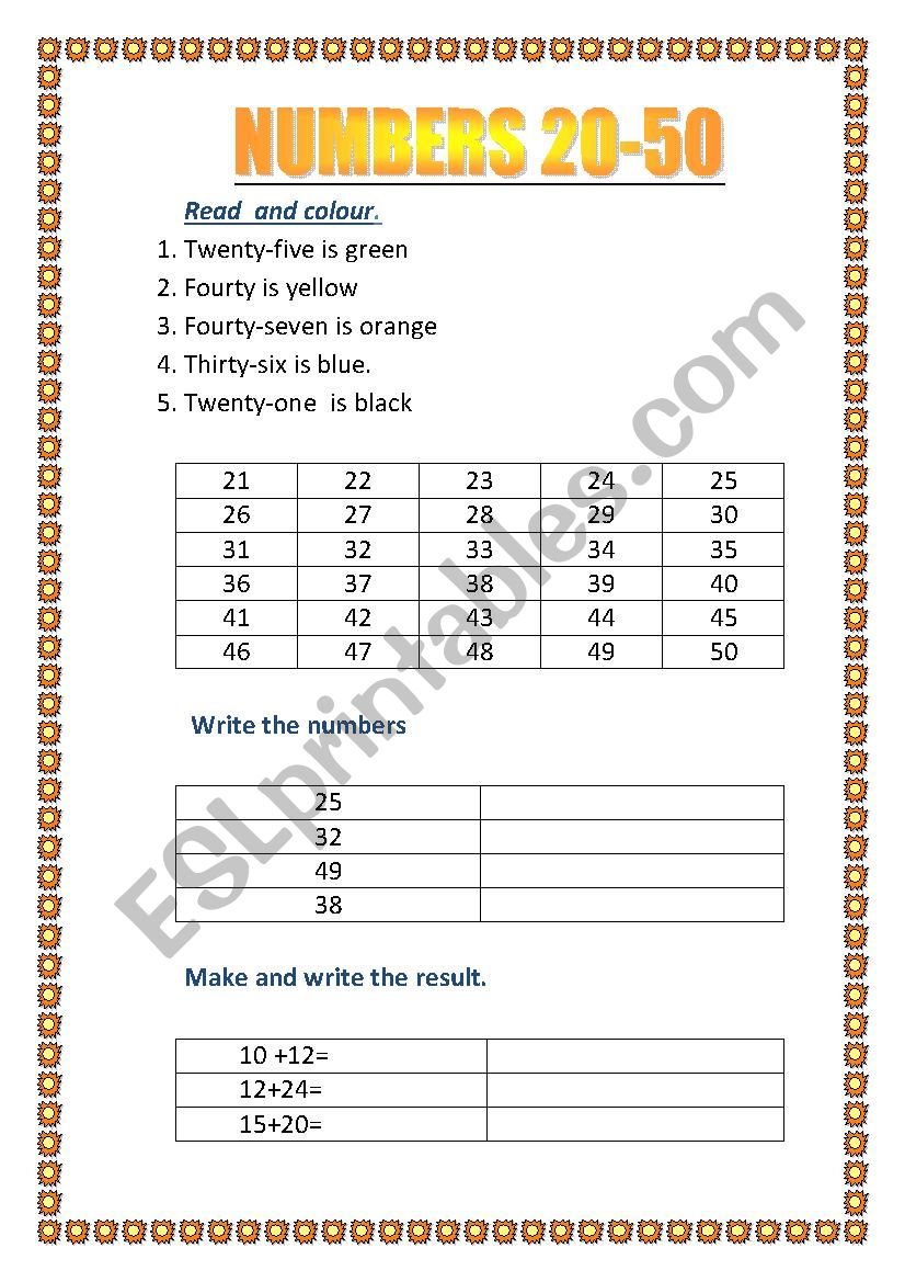 Numbers 20-50 worksheet