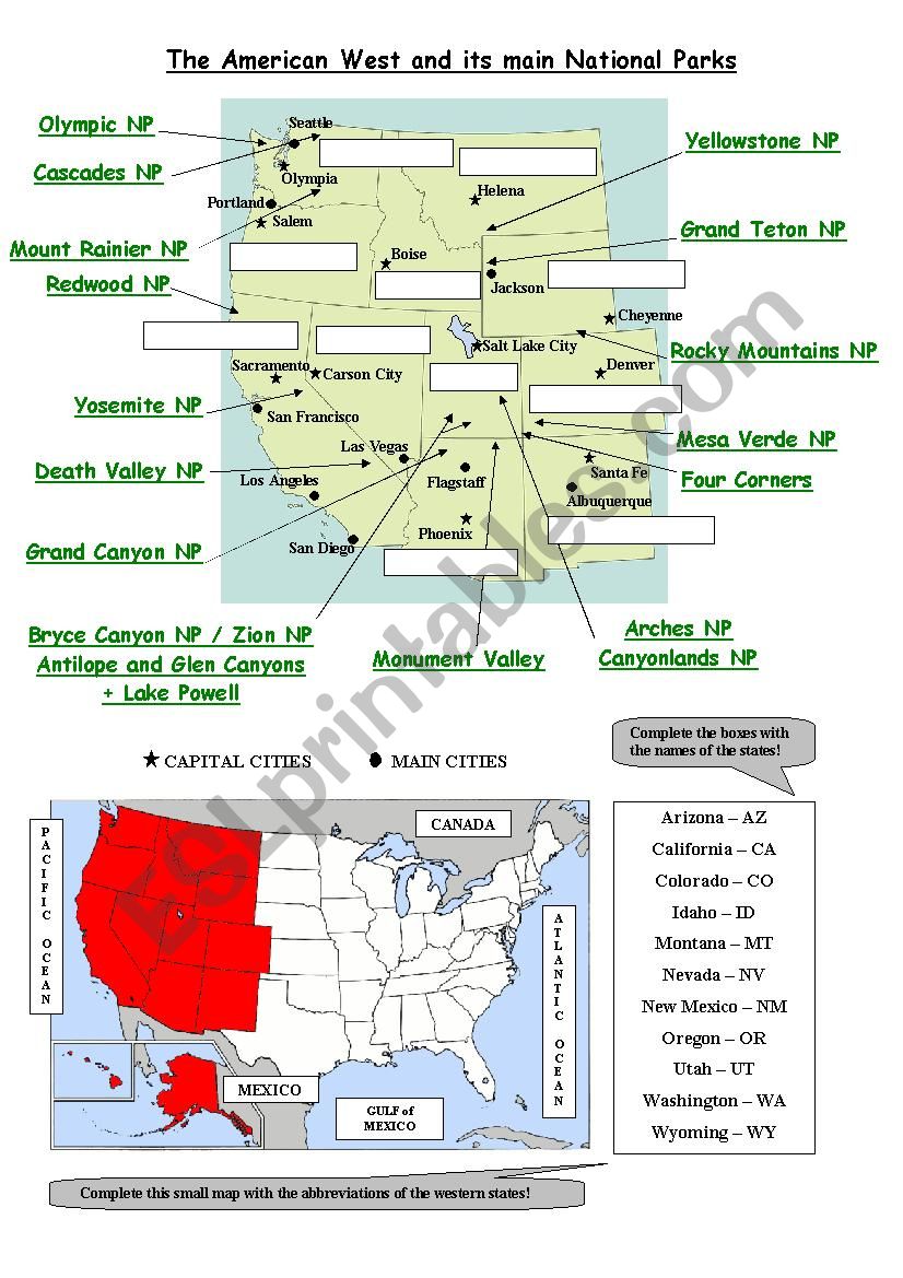 Map of the American Western States and its main National Parks