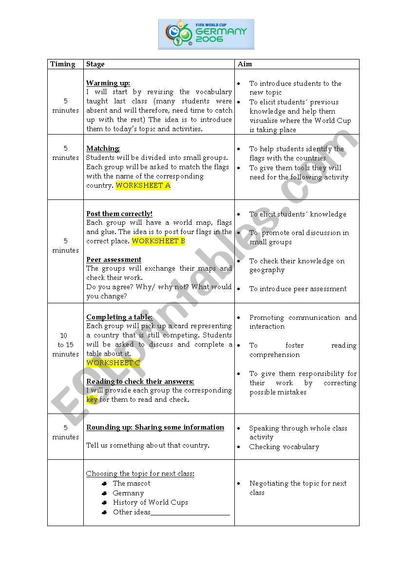 FIFA world cup lesson plan worksheet