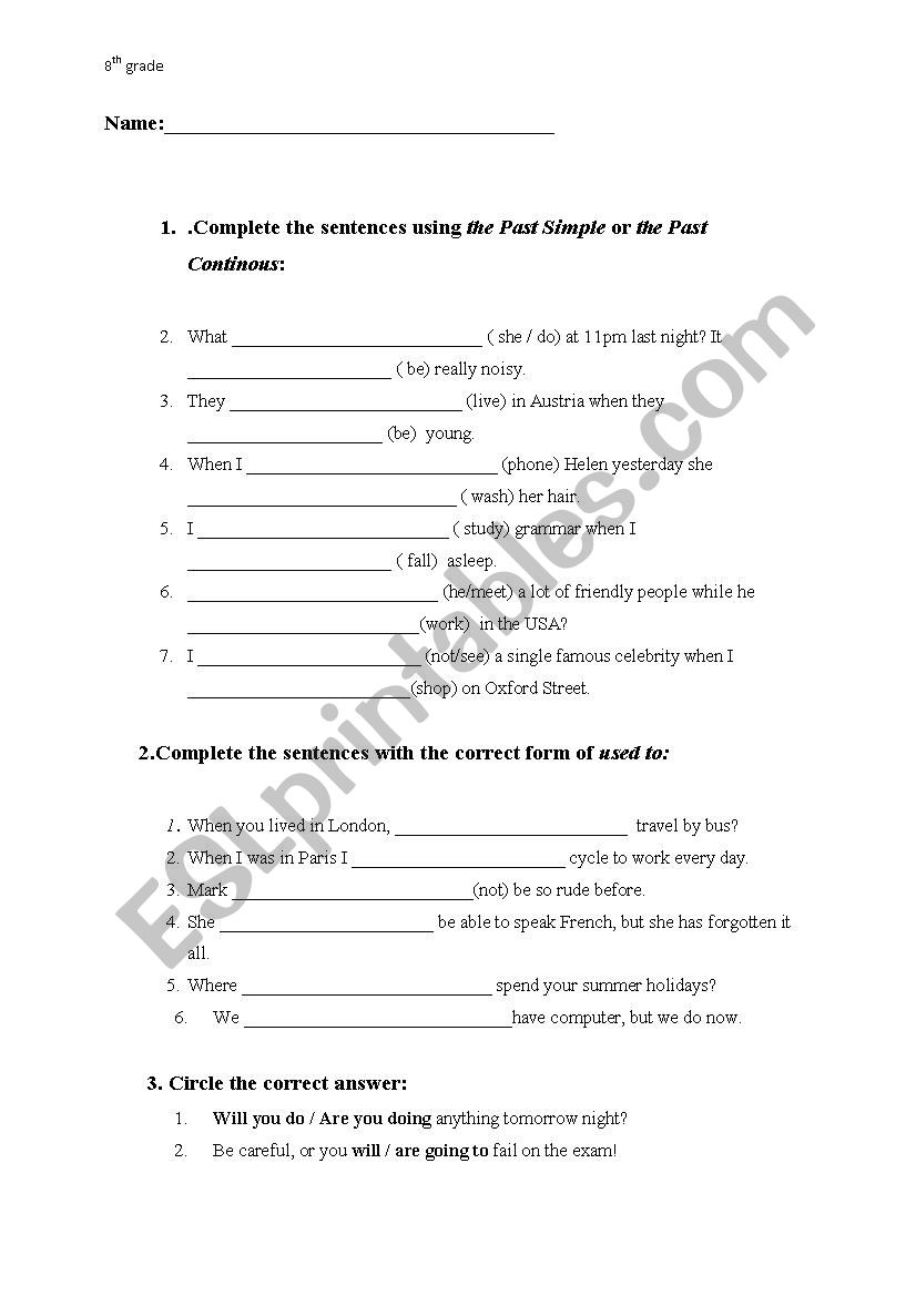 grammar test for 8th grade worksheet