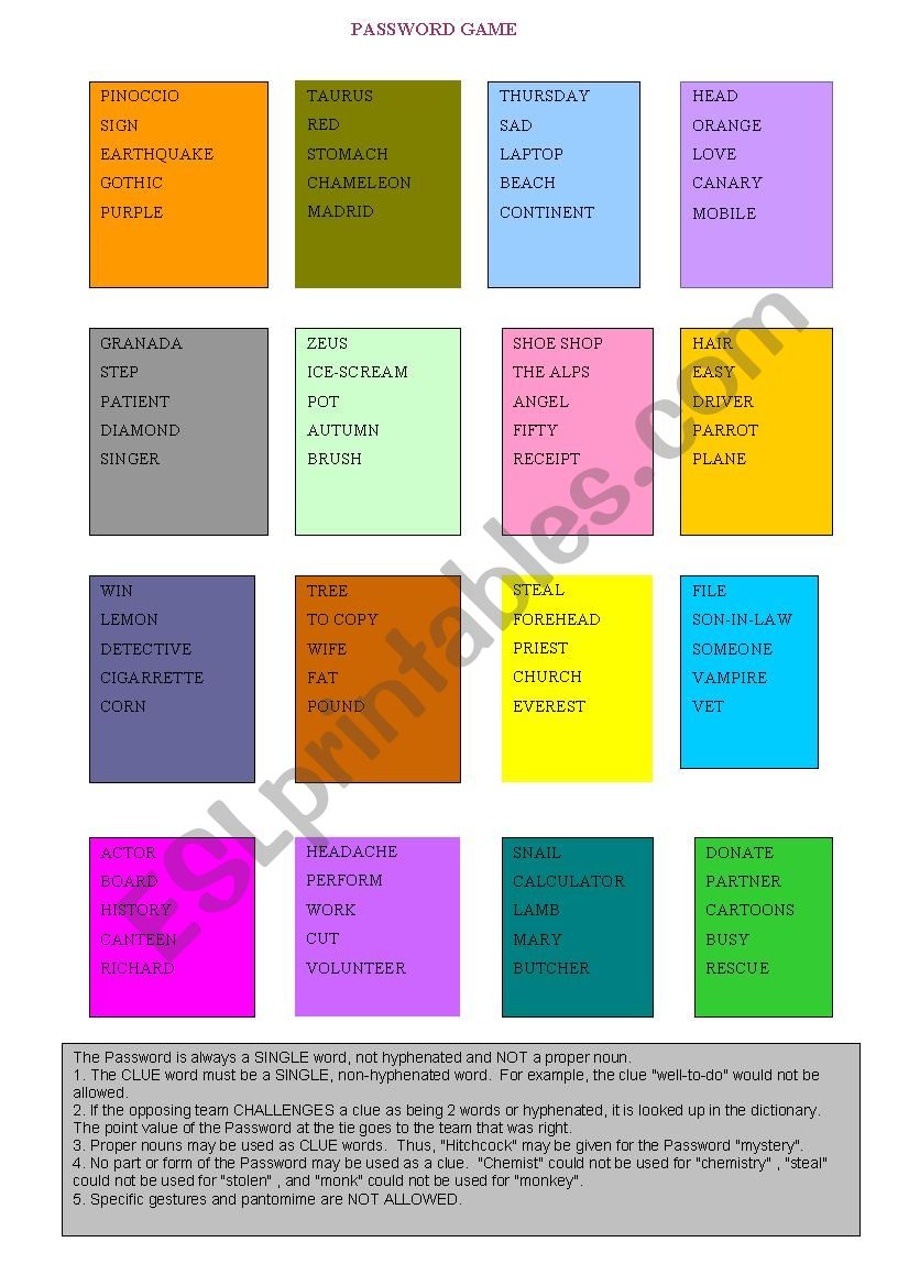 Password Game worksheet