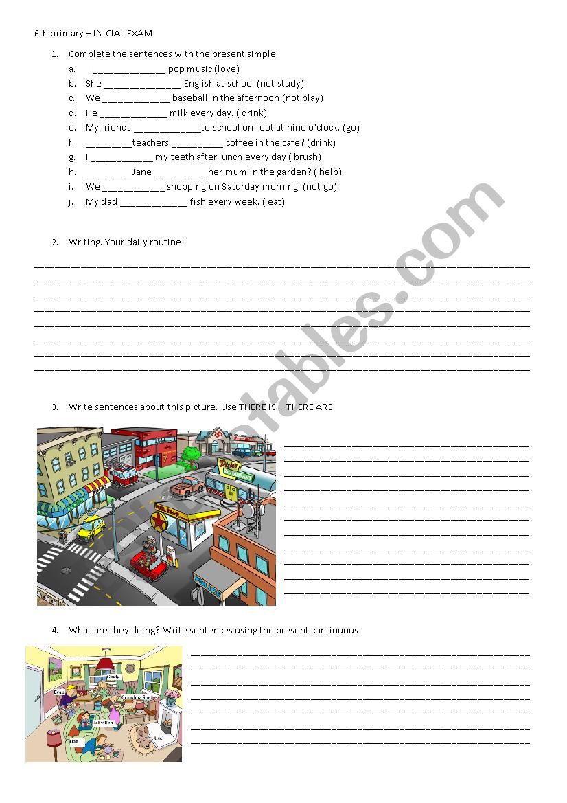 Initial exam for 6th primary worksheet
