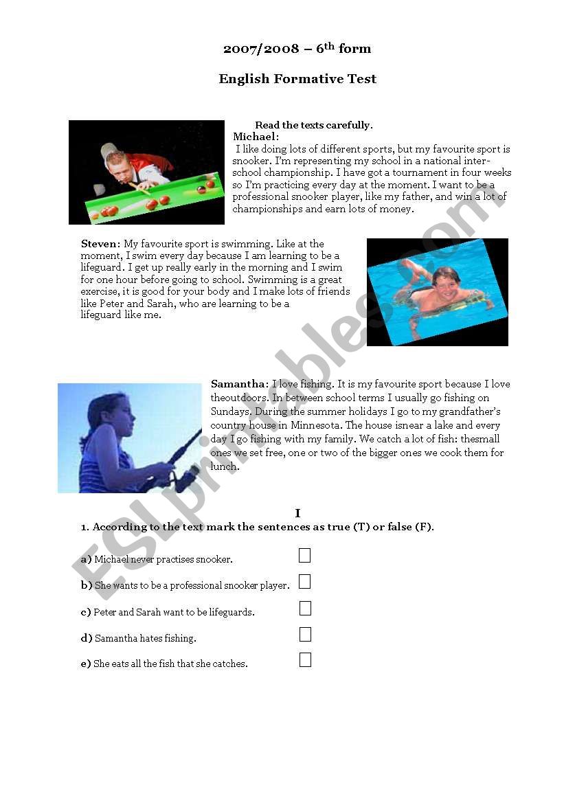 Test 6th form part 1/2 worksheet