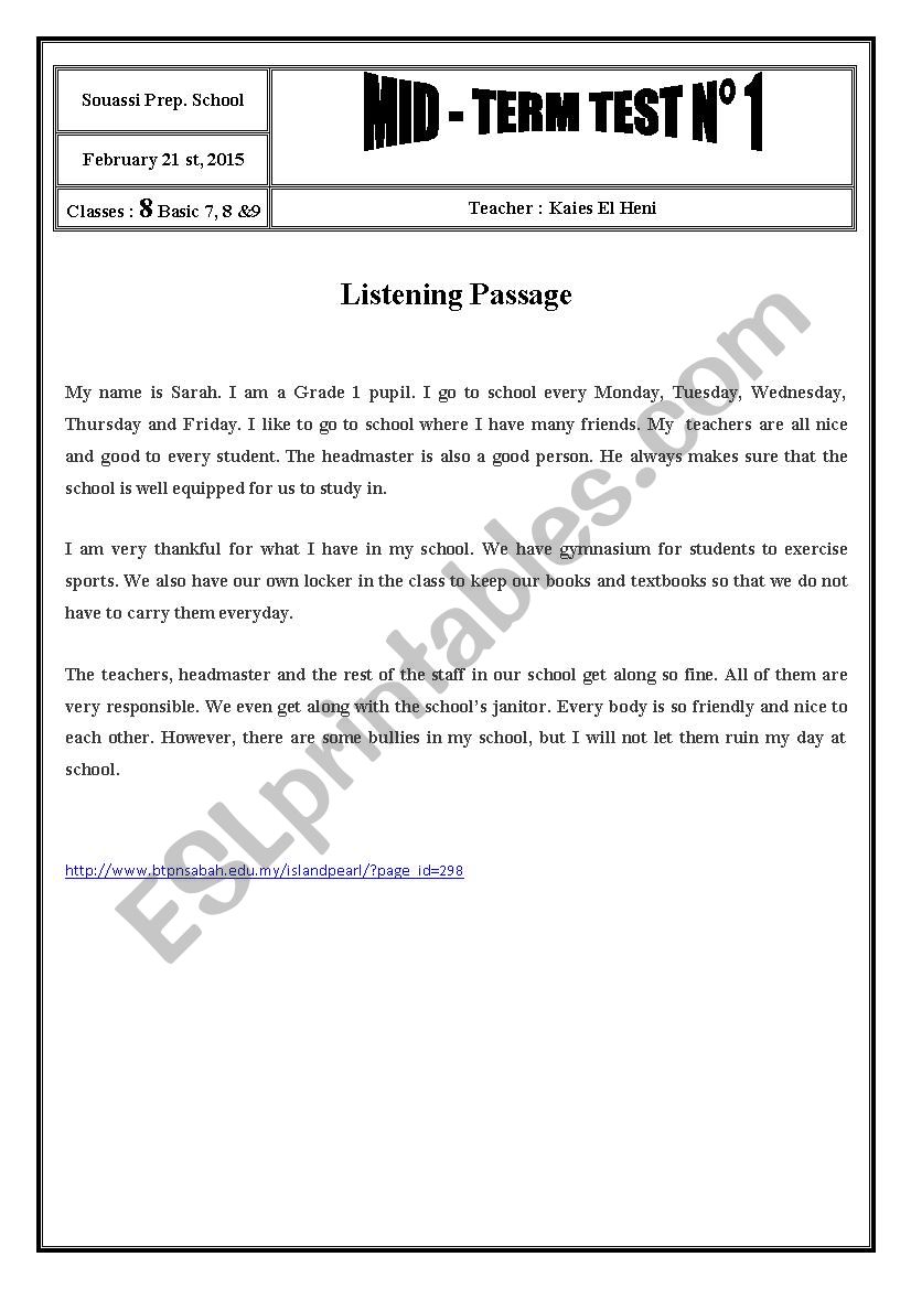 8th Form Mid-Term Test 2 worksheet