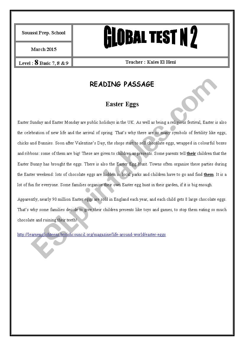 8th Form Global Test 2 worksheet