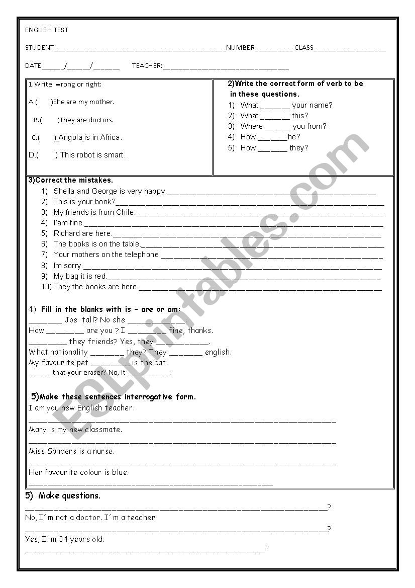 English test TO BE worksheet