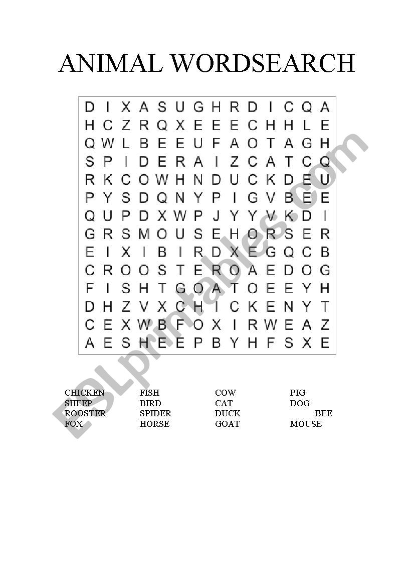 Animal word search worksheet